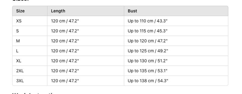 May include: A white table displaying a size chart for clothing. The chart lists sizes XS to 3XL, with corresponding length and bust measurements in both centimeters and inches. The length is 47.2 inches (120 cm). Bust measurements range from 43.3" to 54.3".