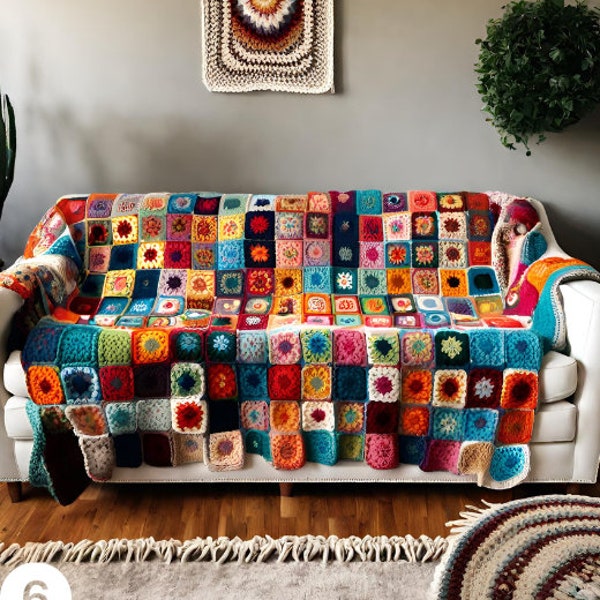 Boho Handmade Throw, Bohemian Knit Throw, Granny Square Blanket, Retro Knit Couch Throw, Crochet Boho Throw, Boho Home Decoration