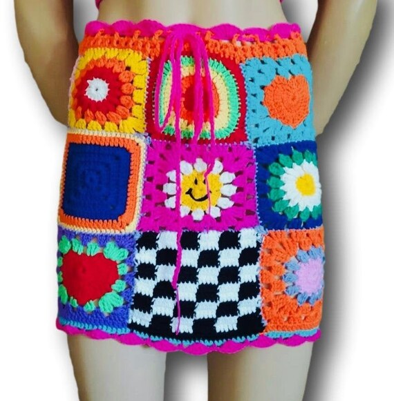 Falda de abuela falda de ganchillo falda cuadrada de abuela minifalda de ganchillo falda de ganchillo boho falda colorida falda patchwork Etsy Mexico
