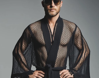 Men's See Through Kimono Kaftan, Mens Beach Cover Up, Men's Mesh Robe, Men's Beach Kimono Rave Jacket