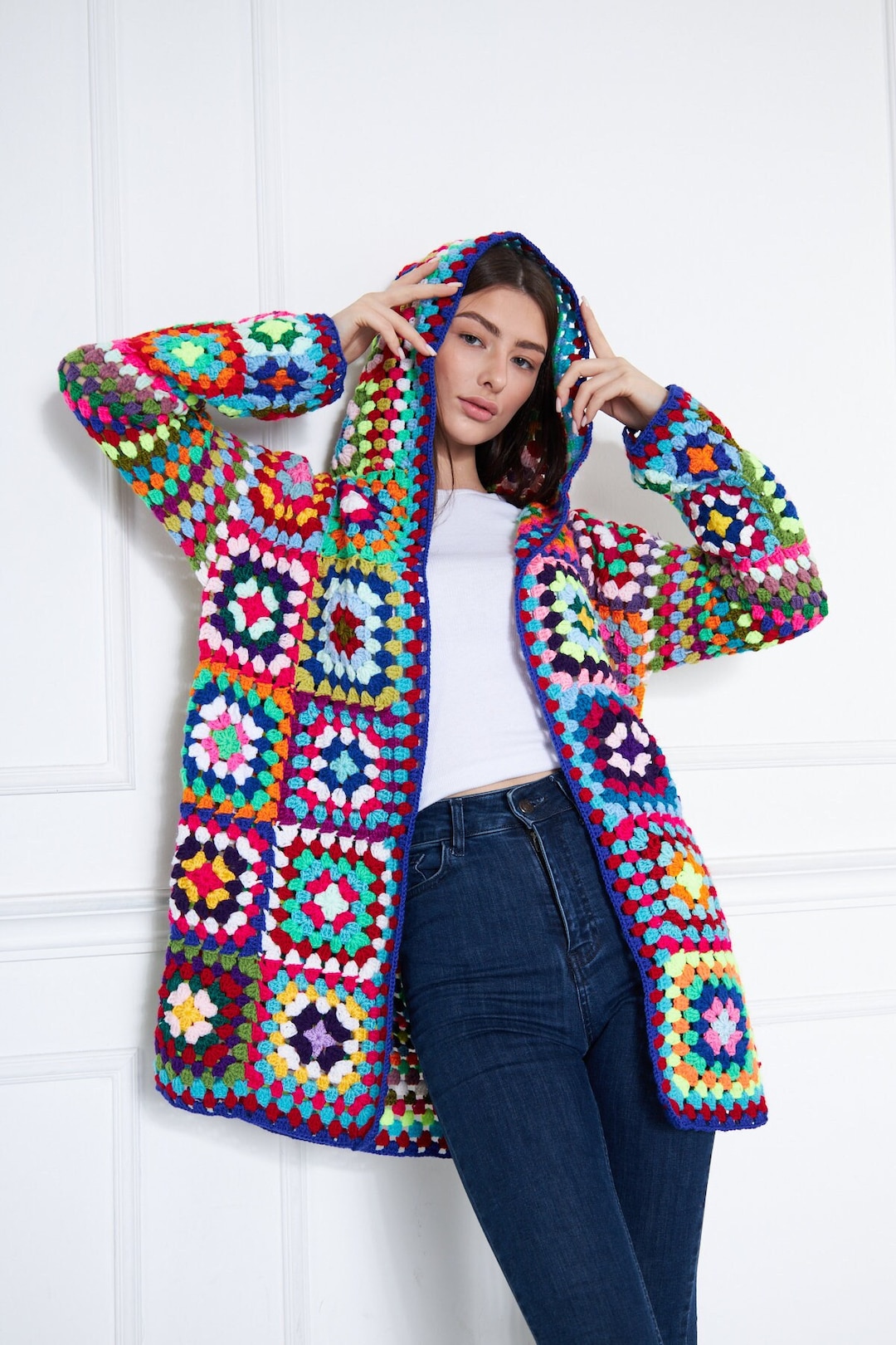 Hooded Crochet Jacket, Hooded Knit Cardigan, Hooded Boho