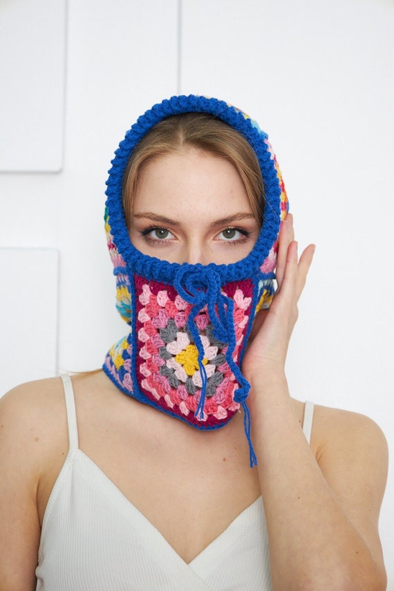 Granny Square Knit Balaclava: Blue Retro Winter Crochet Blue Hat