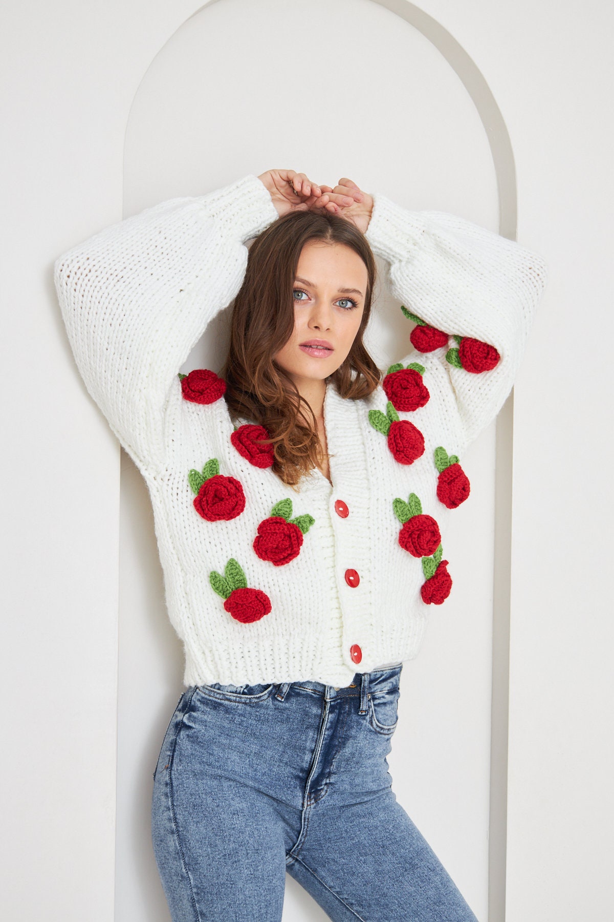 Designer Crochet Red Rose Cardigan, Crochet Rose Chunky Cardigan