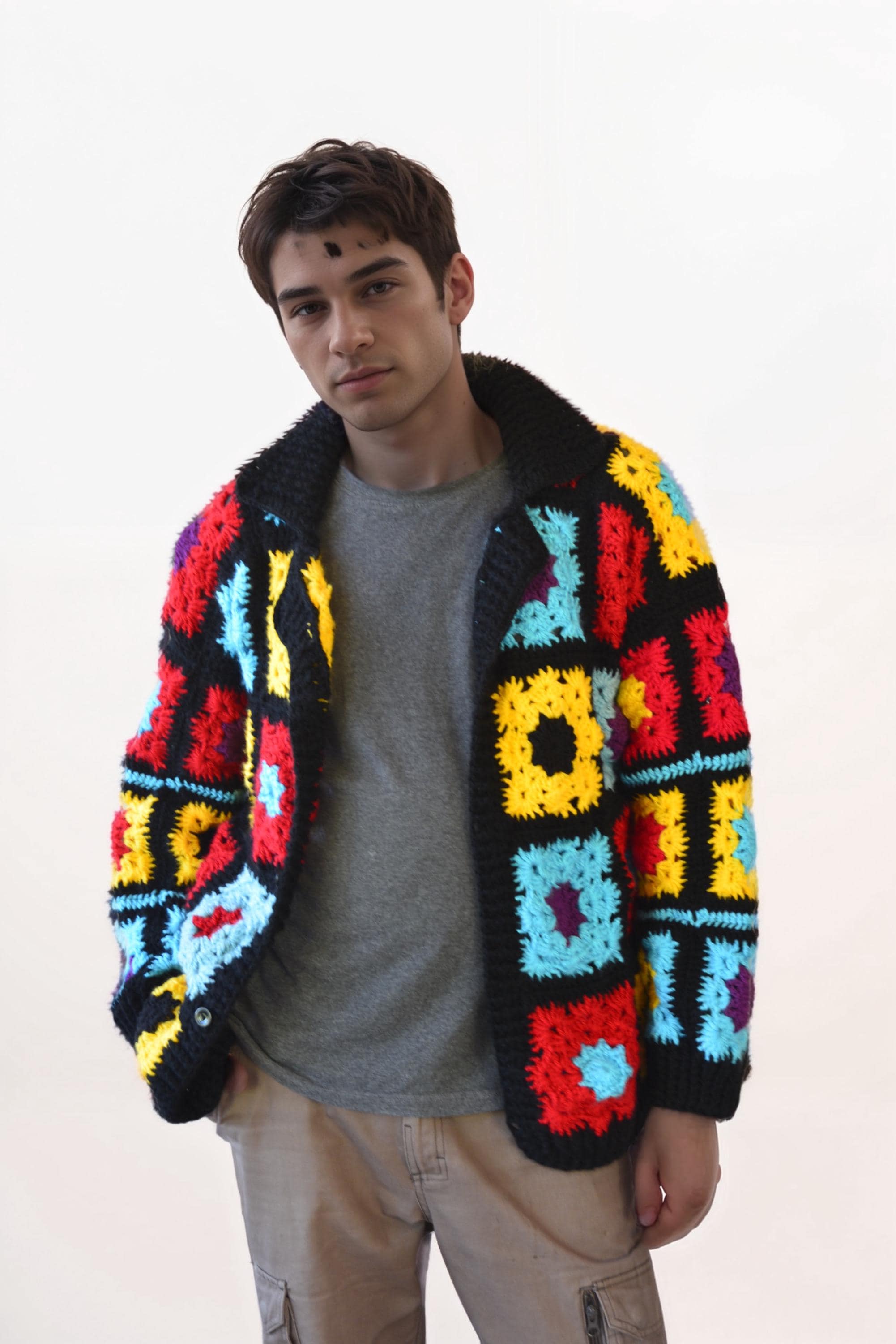 Handmade Men's Crochet Sweater Jacket: Floral Knit Cardigan Men's