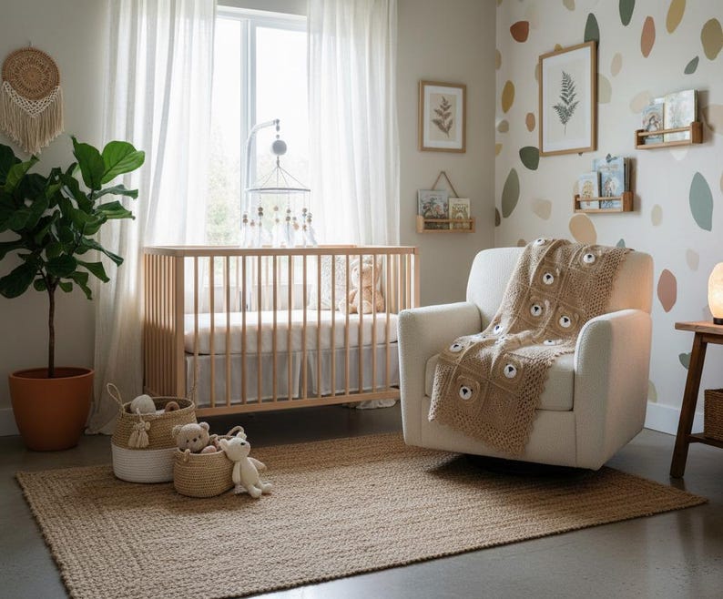 May include: A beige knit blanket featuring a repeating square pattern with small bear faces, draped over a cream-colored upholstered armchair. The blanket has a textured, crocheted appearance with light brown yarn and white accents on the bear faces.