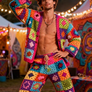 Conjunto de suéter y pantalón de crochet para hombre: ropa de fiesta retro vintage, ropa de diseñador para hombre