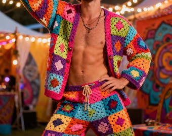 Conjunto de suéter e calça de crochê masculino: roupa de festa retrô vintage, roupa de grife masculina