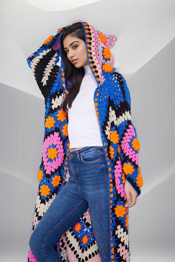 Crochet Winter Coat: Plus Size Multicolor Granny Square Cardigan