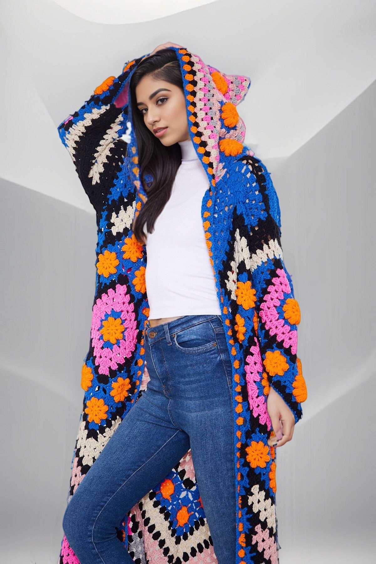 Crochet Winter Coat: Plus Size Multicolor Granny Square Cardigan