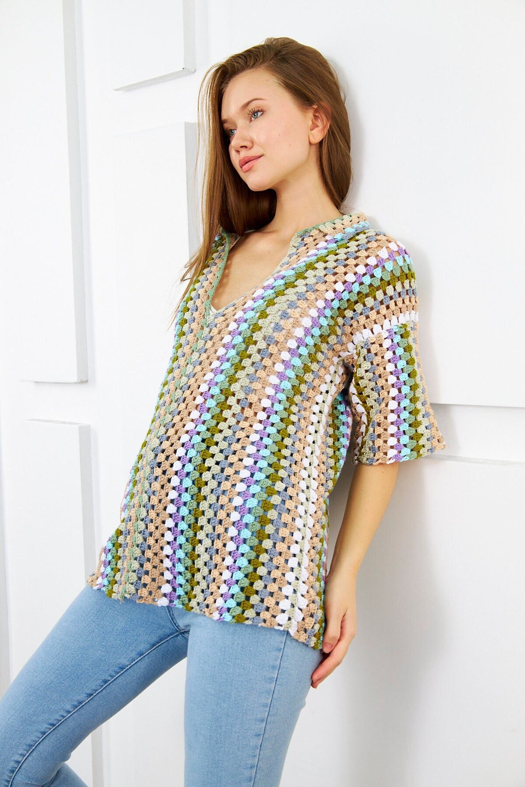 BiBi Openwork Crochet Short Sleeve Knit Top main image 0