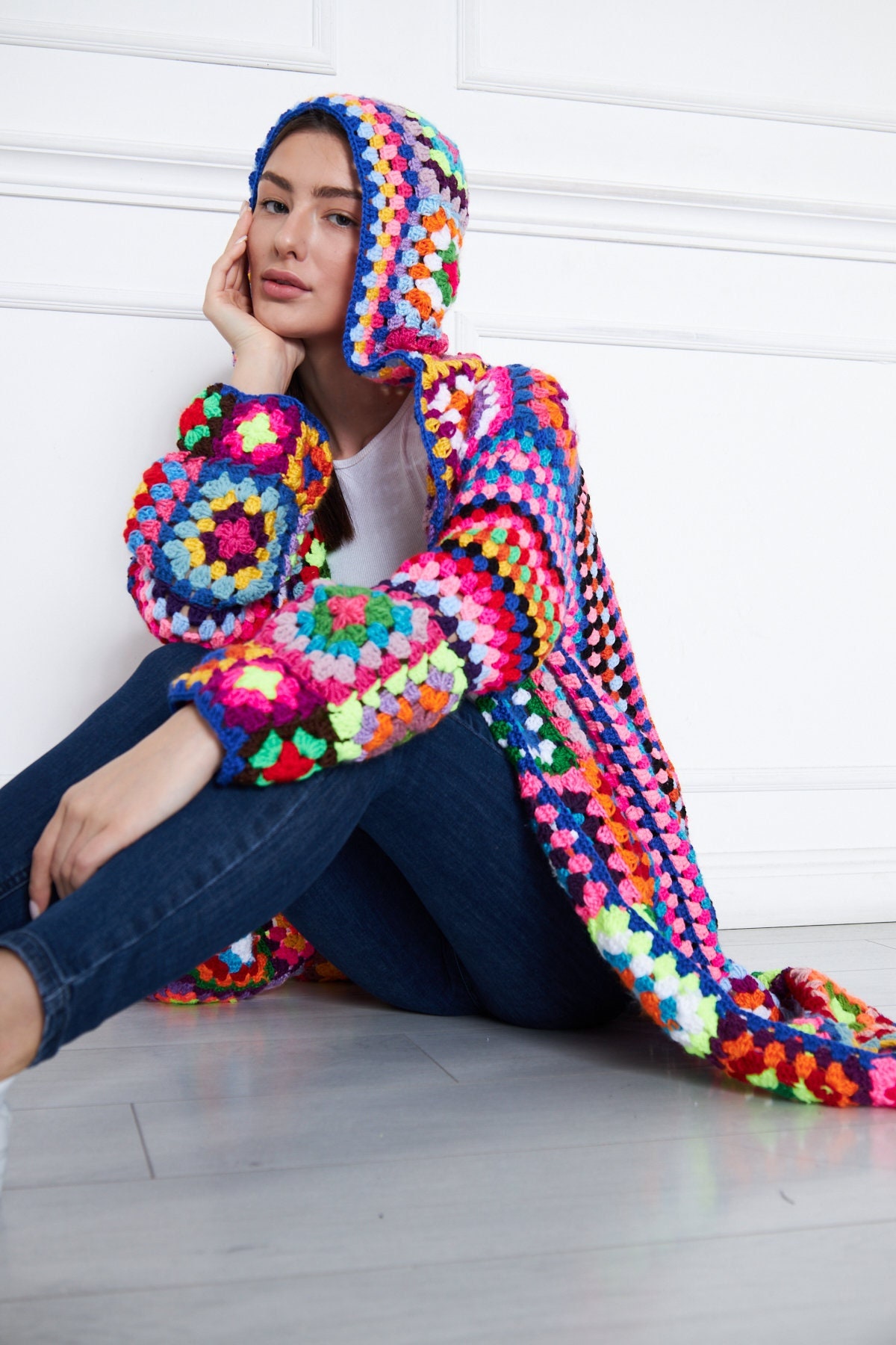 Oversize Crochet Granny Square Cardigan: Handmade Cotton Blend
