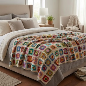 Coperta Boho Grandma Square all'uncinetto, coperta patchwork all'uncinetto, coperta in stile vintage