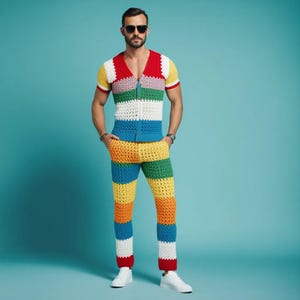 May include: A man wearing a colourful crocheted sweater and trousers. The sweater has a red, white, blue, green, and yellow striped pattern. The trousers have a similar striped pattern with orange, yellow, green, blue, and white stripes.
