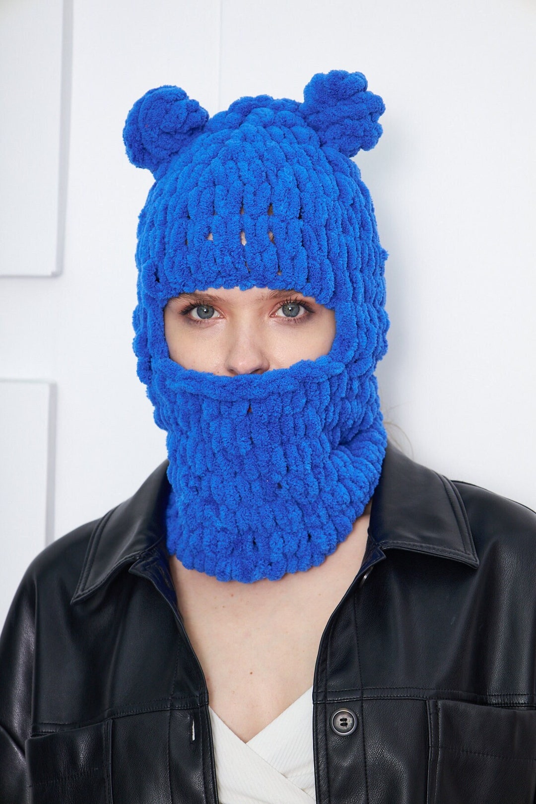 Winter Hand Knit Pom Pom Balaclava, Handmade Ski Face Mask, Unisex