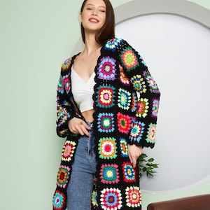 Boho Crochet Granny Square Cardigan: Handmade Knit Sweater