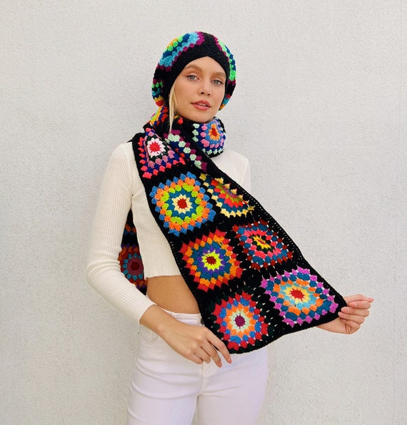 Hand Crafted Vintage Granny Squares Crochet Hat Scarf Combination Tassels Unique Crochet Granny Square Scarf Hat Set – Passion Jewelz Studio main image 4