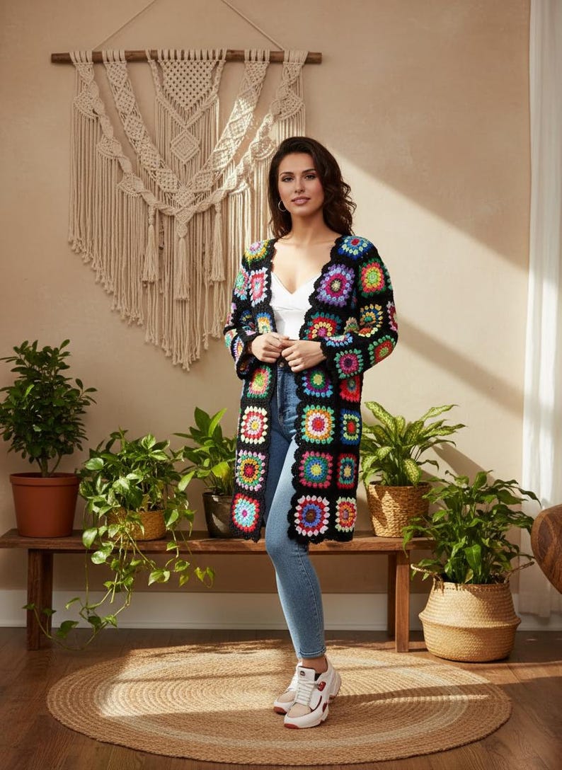 Oversize Crochet Maxi Cardigan: Cotton Granny Square Jacket Oversize Jacket Clothing image 3