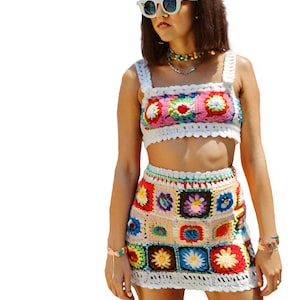 Granny Square Knit Crop Top and Skirt Set: Colorful Festival Outfit
