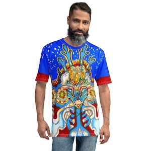 Peyote Venado Azul Men&#39;s T-shirt Huichol Inspired Art T shirt with Star Pattern Back