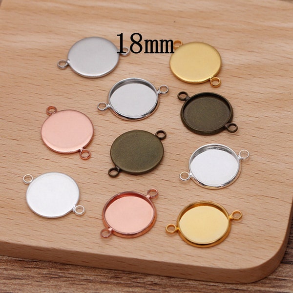 14PCS, Brass Round Cabochon Tray Connector Charm Pendant, 2 Bails Bezel Bezel Edge Blank Tray, Silver/Gold /Bronze Tone Fit18mm QYF17-18mm