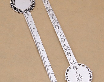 2/5 PCS Antique Silver Tone Round Bezel Cabochon Tray Ruler Style Bookmark , Cabochon Settings - Fit 20mm Cabochon, BCS70