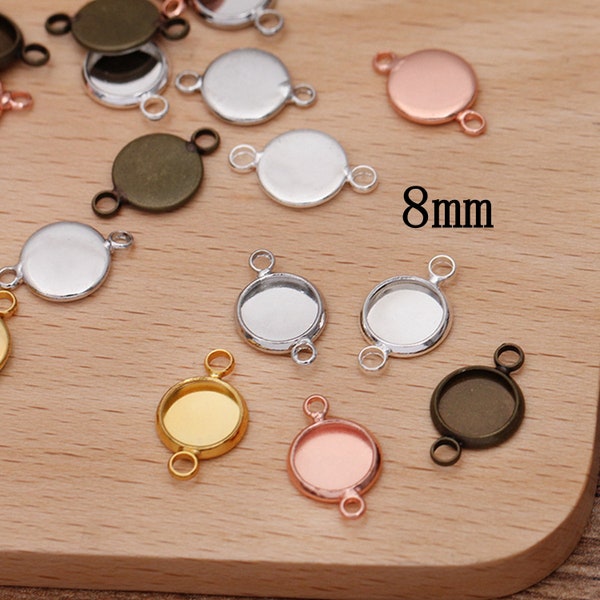 20PCS, Brass Round Cabochon Tray Connector Charm Pendant, 2 Bails Bezel Bezel Edge Blank Tray, Silver/Gold /Bronze Tone Fit 8mm QYF17-8mm