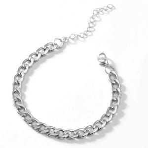 May include: A silver-colored chain bracelet with a lobster clasp closure. The bracelet features a curb chain design with a series of interlocking oval links. The adjustable chain extends from the main chain.