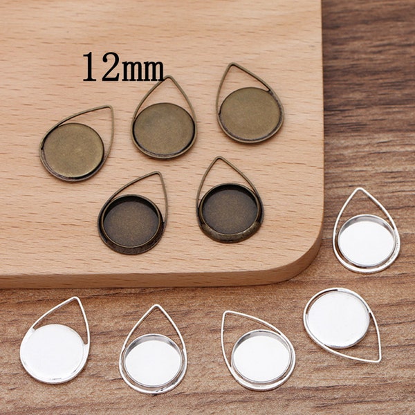 18PCS, Drop Brass Round Cabochon Tray Charm Pendant, 2 Colors Available Round Cabochon Settings, Fit 12mm, QYF18