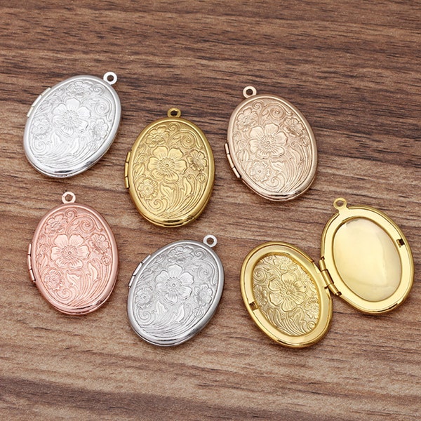 3PCS Brass Oval Cabochon Floral Locket Pendant, 23X29mm Multi Colors -- Jewelry Making, Photo Locket Charms, LMC05-04721