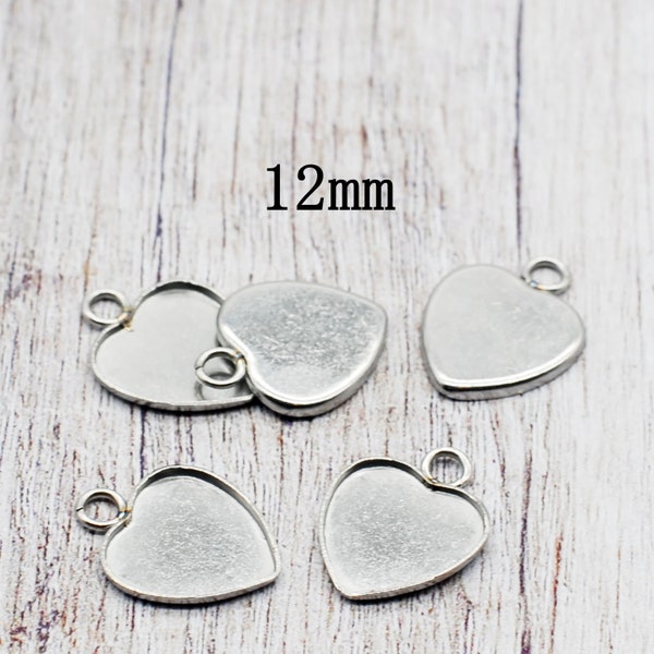 60PCS, Stainless Steel Heart Cabochon Tray Charm Pendant, Heart Bezel Tray Blanks, Cabochon Settings --- Fit 12mm Cabochon, LSO01