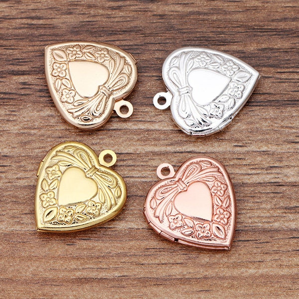 6PCS Brass Heart Floral Cabochon Locket Pendant, 25X26mm Multi Colors -- Jewelry Making, Photo Locket Charms, LMC20-08193