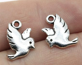 40PCS Silver Tone Dove Charm Pendant, 2 Sided Bird Charm XCS151