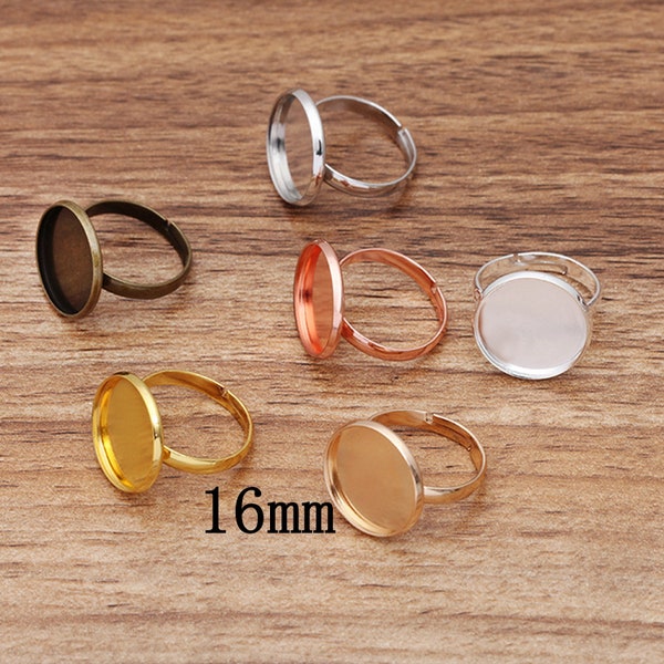 15PCS, Brass Adjustable Ring Findings Bases, Bezel Round Cabochon Settings, Multi Colors Available --- Fit 16mm Cabochon, QBR04-16