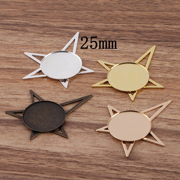 Clearance 5PCS 1"(25mm) Brass Round Cabochon STAR Tray Charm Pendant, Bezel Tray Blank Cabochon Settings - Fit 1"(25mm) Cabochon, QYF19