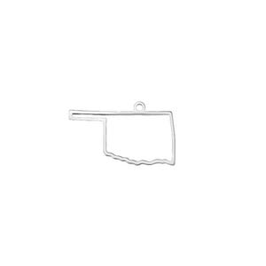 May include: A silver-colored pendant in the shape of the state of Oklahoma. The pendant has a small loop at the top for a chain. The outline of the state is clearly defined.