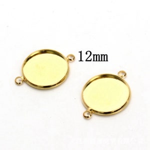 12PCS, Gold Tone Stainless Steel Round Cabochon Tray Connector Charm Pendant, 2 Bails Bezel Bezel Edge Blank Tray, Fit 12mm  LST06-12mm