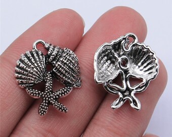 25PCS Antique Silver Tone Seashell and Starfish Charm Pendant, Ocean XCS172