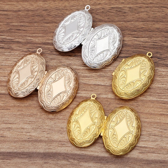 Clearance 5PCS Brass Oval Floral Locket Charm Pendant, 24X41mm Multi Colors - Memorial Jewelry Making, Photo Locket Charms -- LMC06-05076