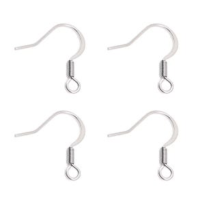 May include: Four silver-colored earring hooks. Each hook has a curved design with a small coil and a loop at the bottom. The hooks are designed for jewelry making and crafting.