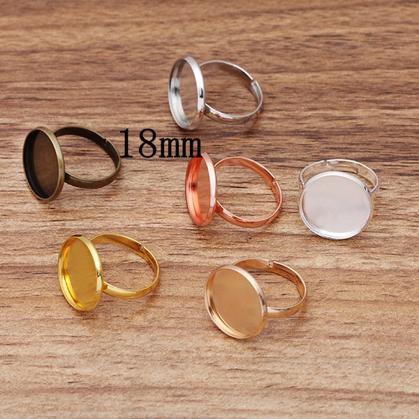 15PCS, Brass Adjustable Ring Findings Bases, Bezel Round Cabochon Settings, Multi Colors Available --- Fit 18mm Cabochon, QBR04-18