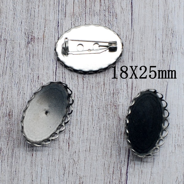 Clearance 15PCS, Stainless Steel Oval Cabochon Blank CLIP Safety Pin, Scallop Edge Brooch Back Base Cabochon Fit 18X25mm Cabochon, LSB08