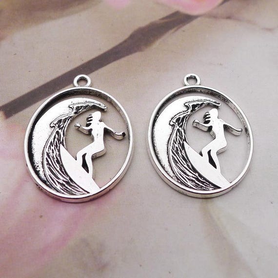 30PCS Silver Tone Surfer Charm Pendant, Surfer Riding Waves
