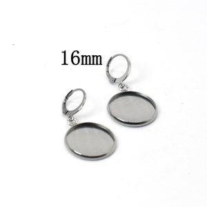 12PCS(6Pairs), Stainless Steel ROUND Hoop Blank Earrings With Bezel Cab, Cabochon Earrings Settings Fit 16mm Cabochon, LSE43-Silver