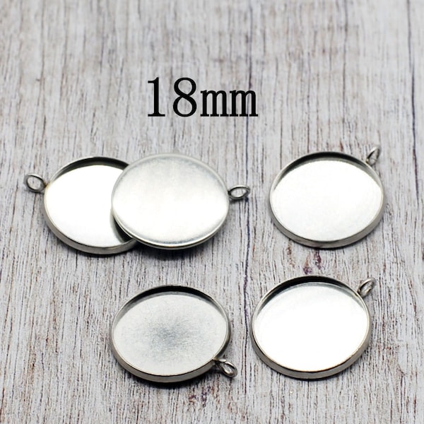 25PCS Stainless Steel Round Cabochon Tray Charm Pendant, Bezel Tray Blanks, Dangle Cabochon Settings, Earrings Supply -- Fit 18mm LSO02