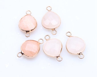 1PC Gold Plated, 3D Two-Sided Genuine Faceted Rose Quartz Gemstone Heart Shape Connector, Bezel Gemstone Connector  NBZ08  14mm X 22mm