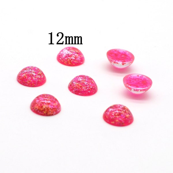 Clearance 50PCS Barbie Pink, Hot Pink Color Resin Gold Foil Embellishment Cabochon Dome Cover Fit 12mm Round, Gold Leaf Opal Cab, 12mm-95