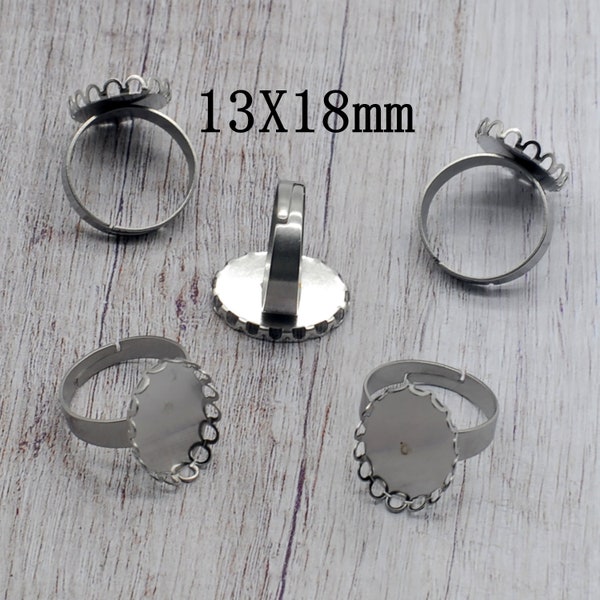 15PCS Stainless Steel OVAL Adjustable Finding Ring, Scallop Edge Blank Cabochon Settings--- Fit 13X18mm Cabochon, LSR05