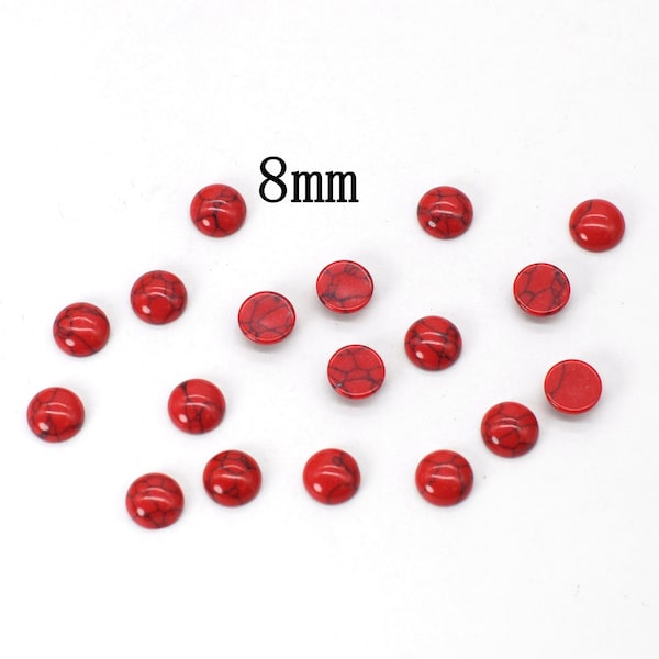 Red Howlite 8PCS 8mm Natural Gemstone Cabochon, Red Turquoise, Round Dome Flat Bottom Cabochon Supply, Ring Earrings Supply NBJDC842