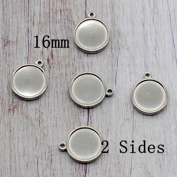 10PCS Solid Thick Stainless Steel Round Cabochon Tray Charm Pendant, 2 Sided Bezel Tray Blanks, Cabochon Settings,Fit 16mm LSO15