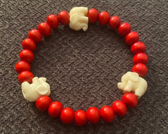 Red Wood Bead and White Elephant Bracelet
